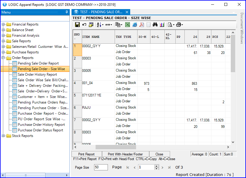 Pending Sale Order Report-Size Wise